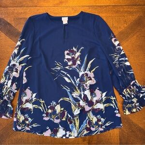 Chicos womens petite navy floral sheer long sleeve shirt blouse 0P Small 4P / 6P